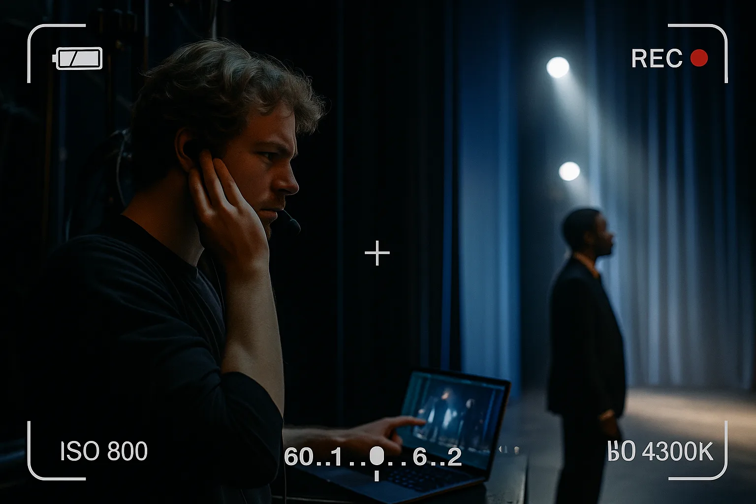 Студент за кулисами следит за выходом артиста