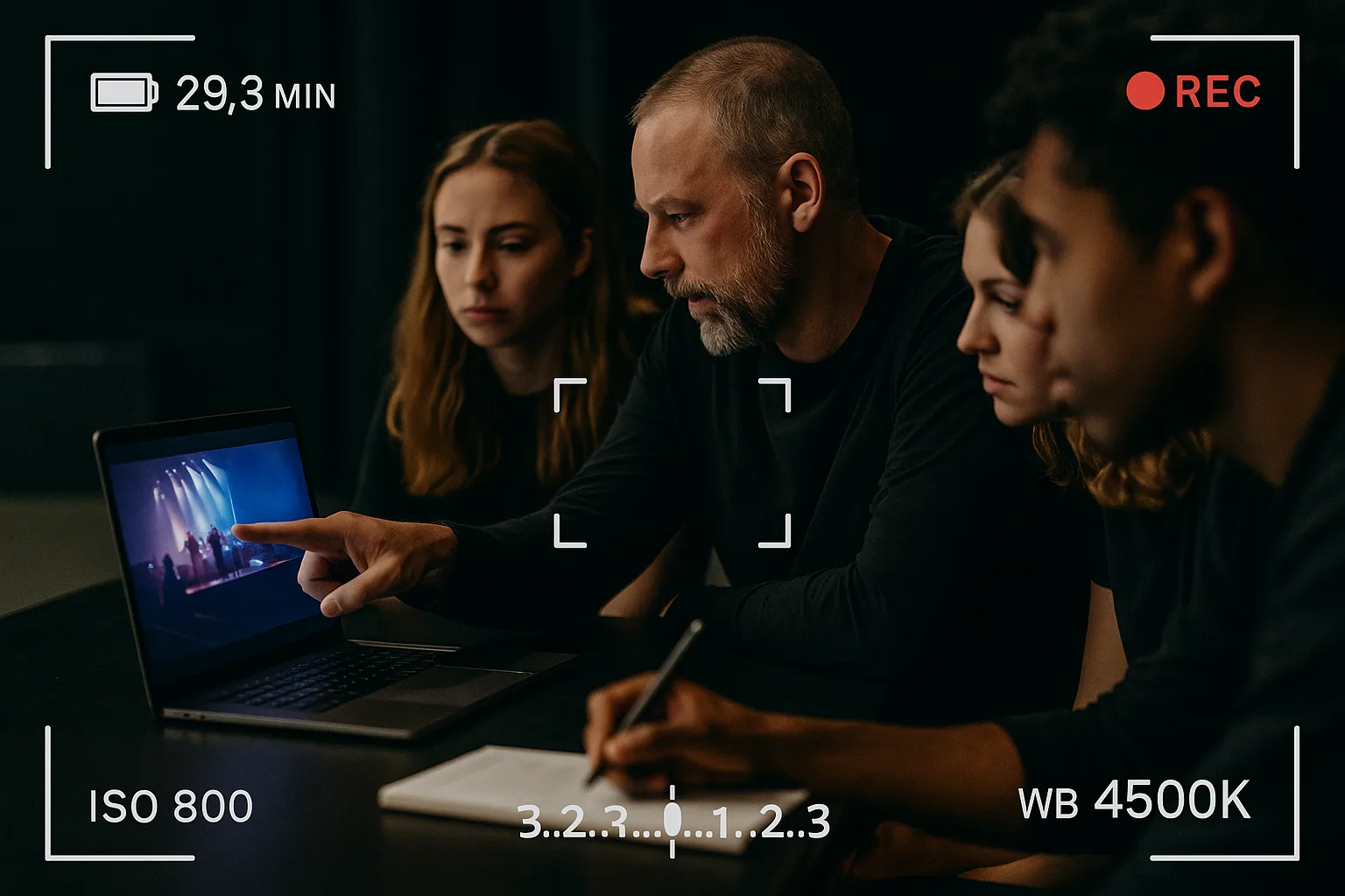 Наставник показывает монтаж мероприятия студентам