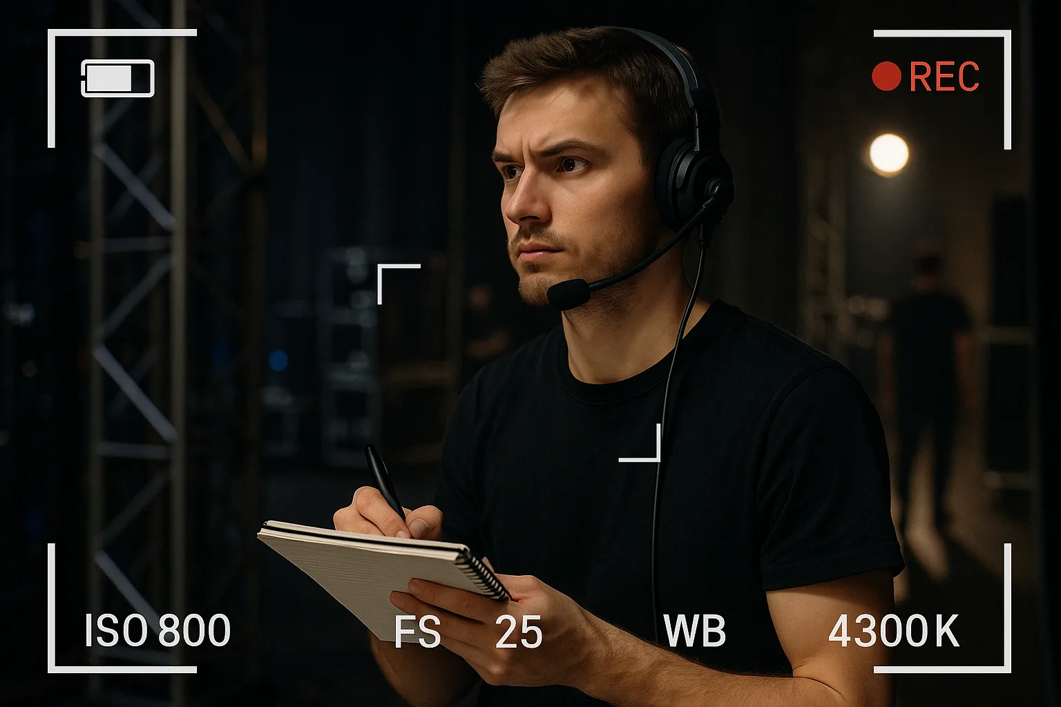 Студент в гарнитуре готовится к началу репетиции