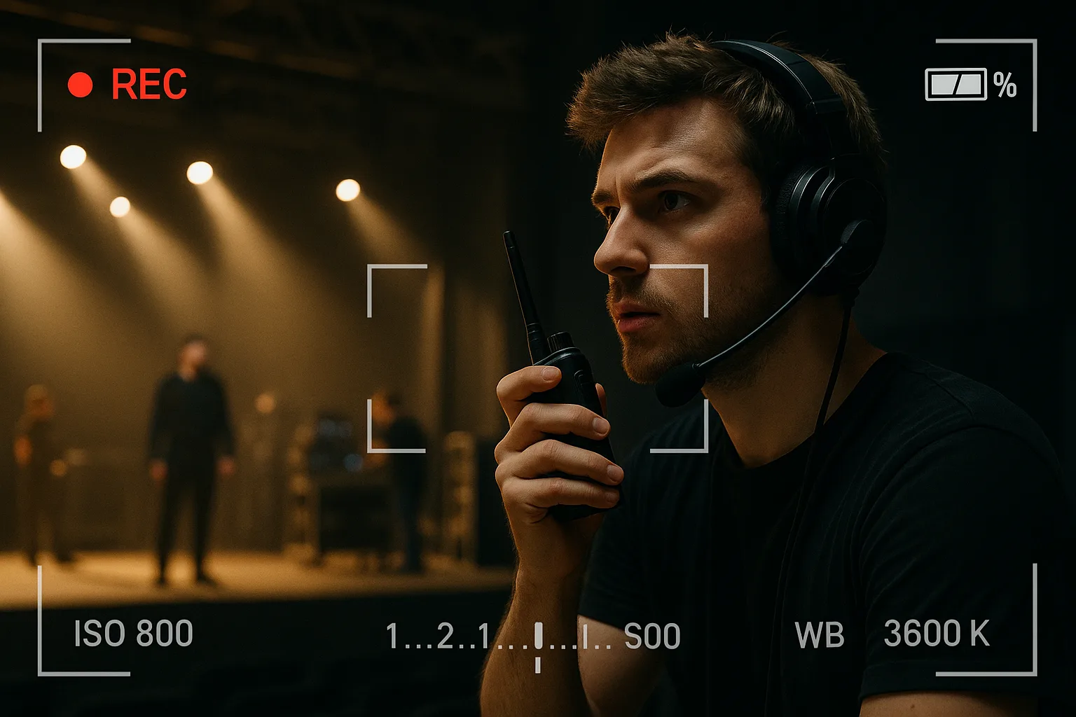 Ученик с рацией следит за репетицией на площадке