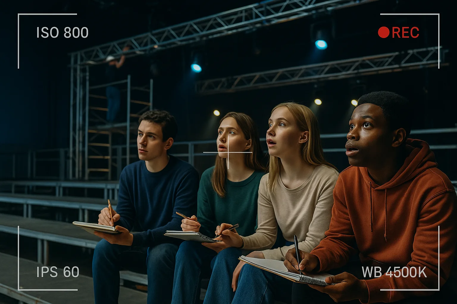 Студенты наблюдают за монтажом сцены и делают заметки